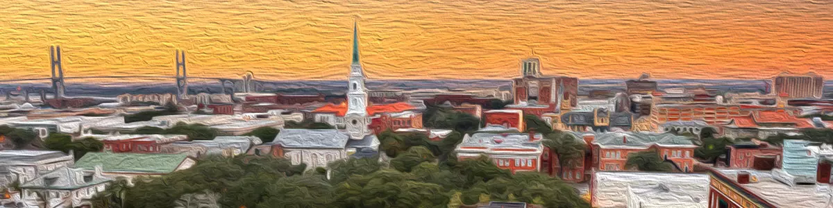 A perspective of the current Savannah city skyline in oil painting style